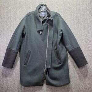 Madewell Wool Blend Coat Womens 6 Dark Green Asymmetrical Zip Moto Leather Trim